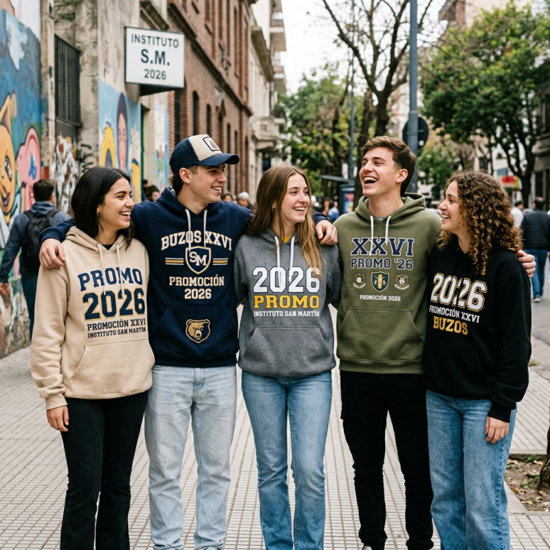 Five students wearing Instituto San Martín Class of 2026 hoodies