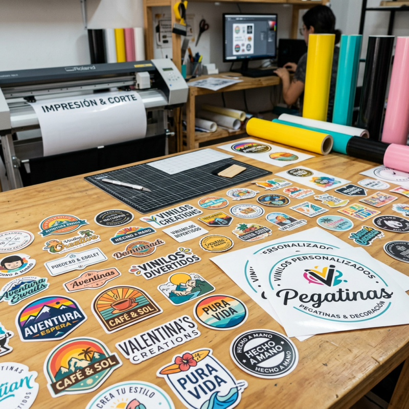 Spanish sticker designs spread across a worktable beside a printer and cutting plotter