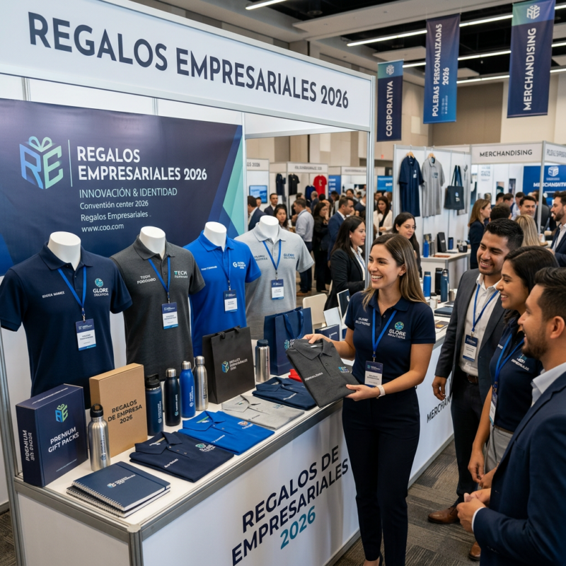 Exhibition booth displaying branded corporate gifts at Regalos Empresariales 2026